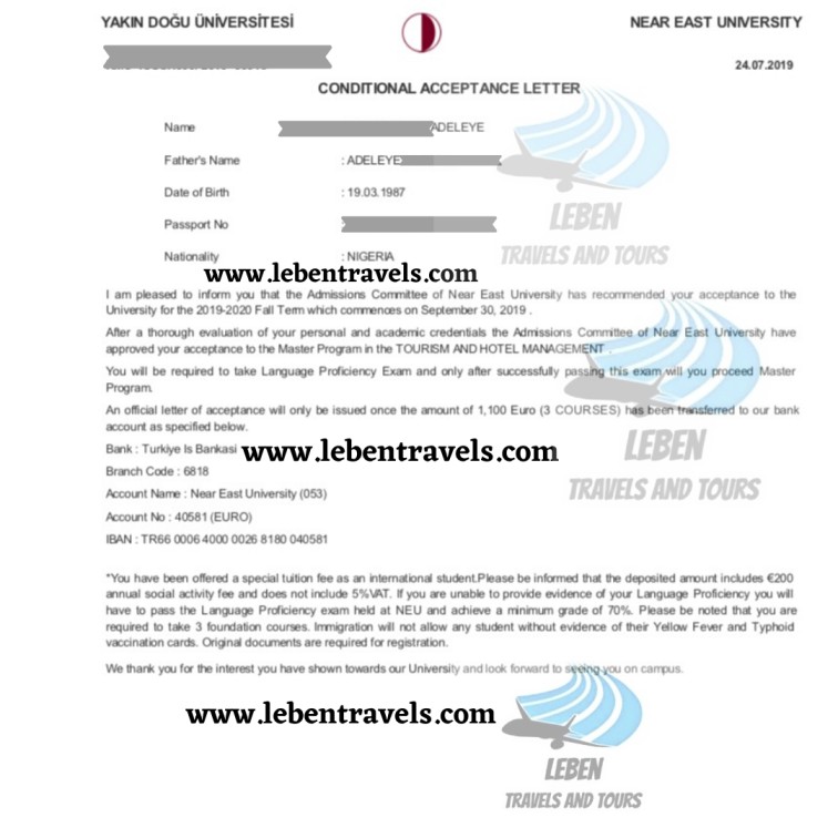 Study abroad admission letter with scholarship for Leben Travels And Tours